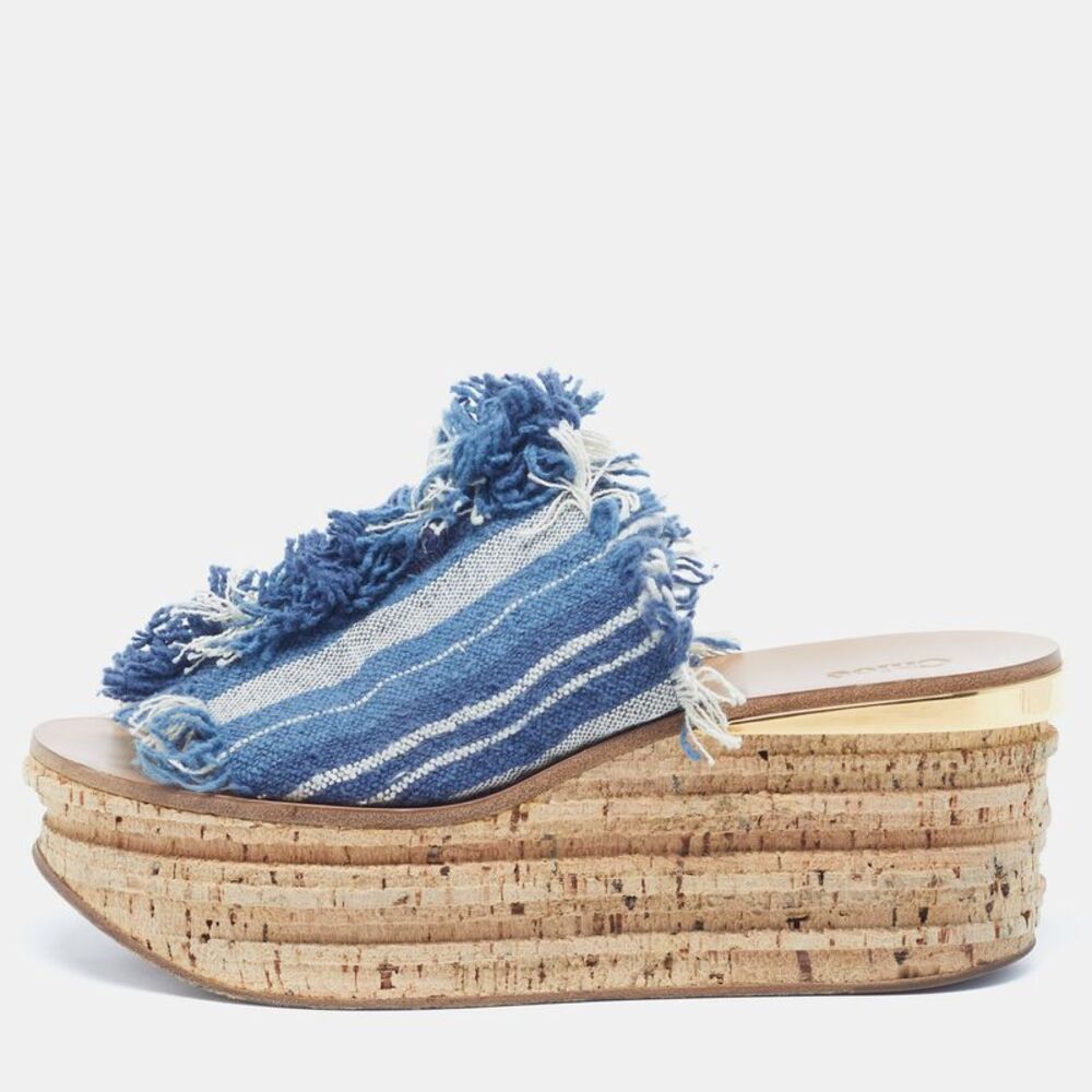 Chloe Size 41 Navy Blue Fabric Cork Wedge Sandals